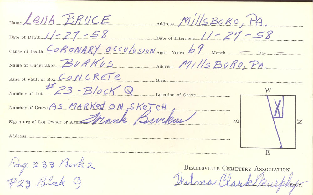 Lena Bruce burial card